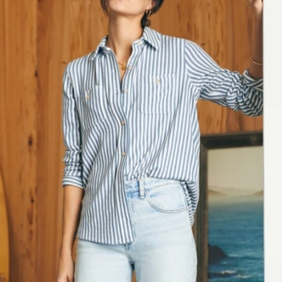 Faherty Navy Blazer Stripe Legend Sweater Shirt Cozy - Picture 2 of 9